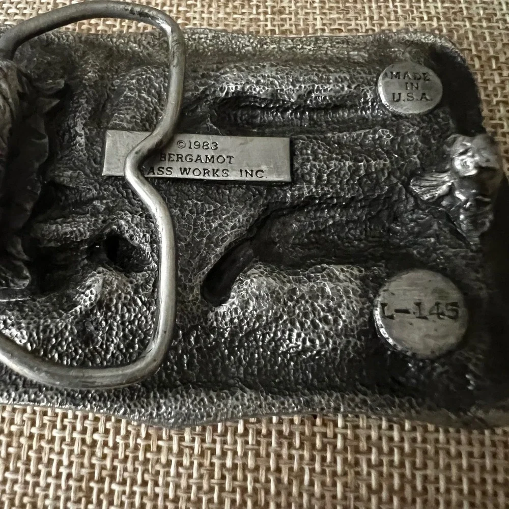 Vintage 1983 Bergamot Brass Works Cow Barn Farm Belt Buckle Pewter Size Farmcore